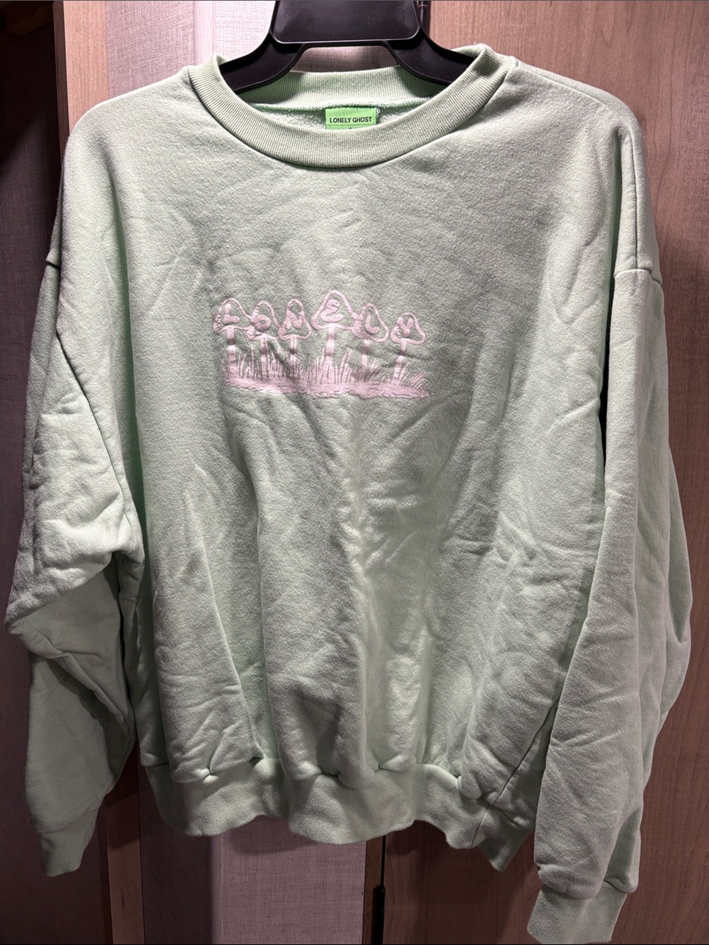LONELY GHOST Mint Green Crewneck with Pink Mushroom Embroidery